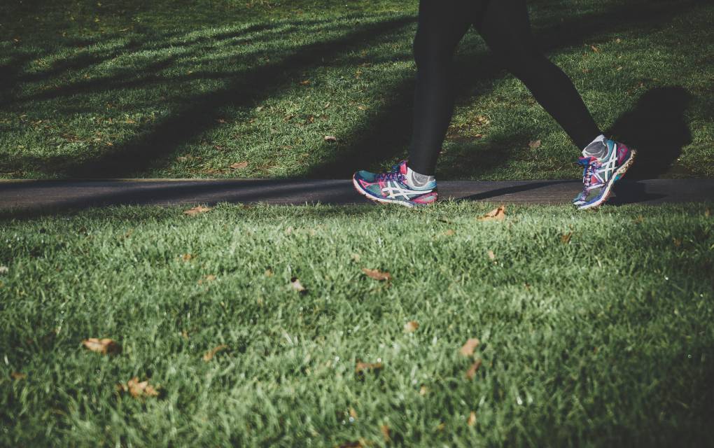 Detailaufnahme Laufschuhe entlang einer Wiese  - Person beim Joggen
