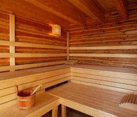 Sauna aus Holz mit Aufgussbehälter 
